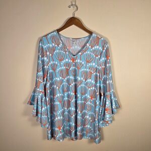 Buckhead Betties Blue Orange Floral V-Neck Tiered Bell Sleeve Tunic Top Large
